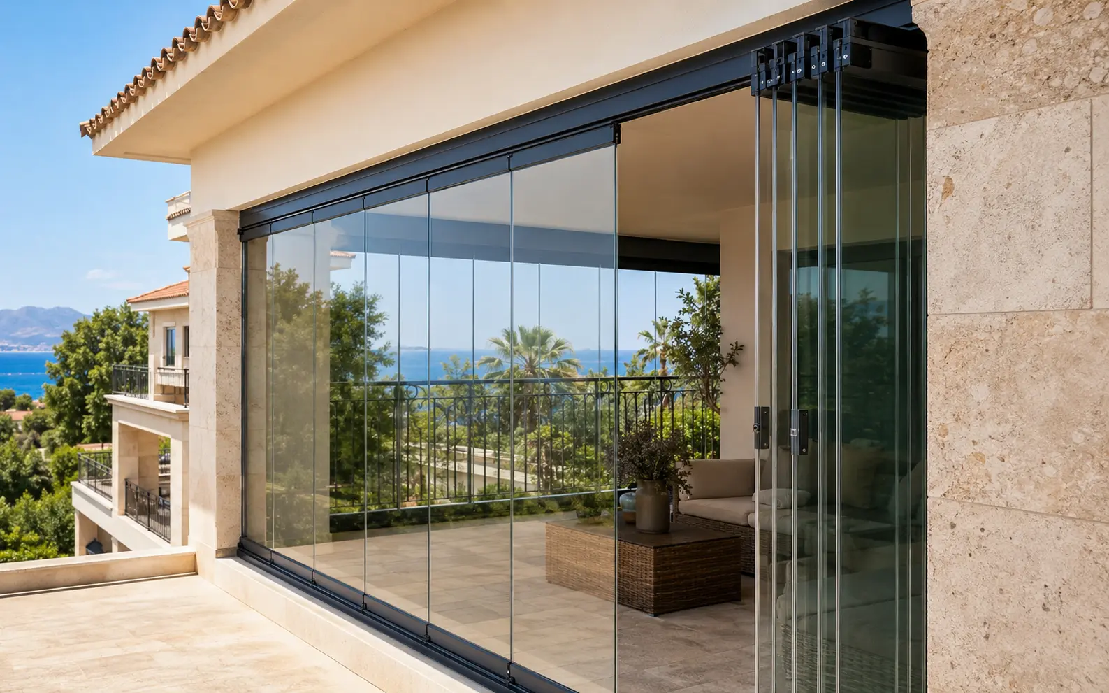 Deniz manzaralı balkonda katlanır cam balkon sistemi