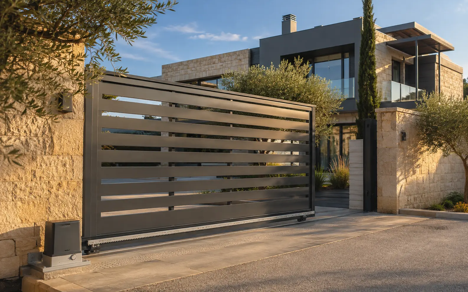 Villa girişinde motorlu yana kayar bahçe kapısı
